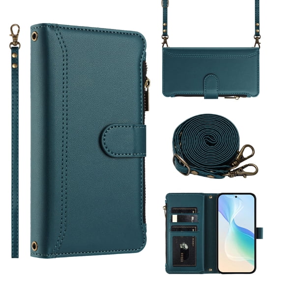 Wallet Case Compatible with iPhone 13, Multi-Function 2 in 1 Magnetic for iPhone 13 Case Wallet, Flip Zipper Card Holder Phone Case with Shoulder Strap + Wrist Strap, Darkgreen