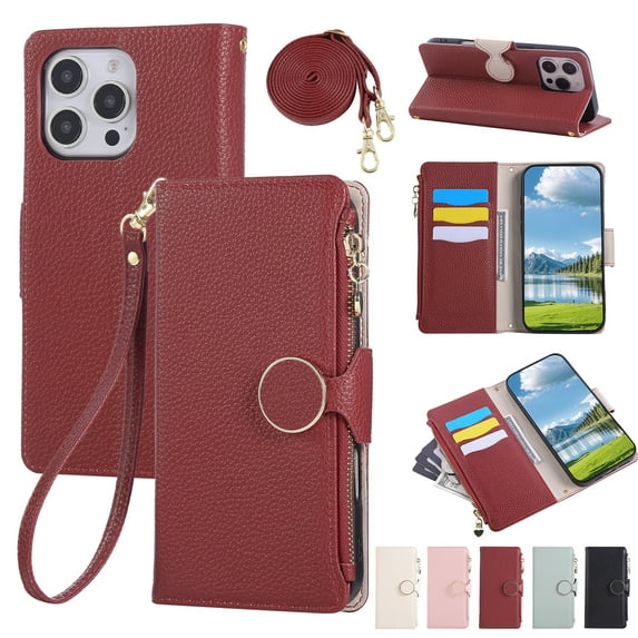 Wallet Case Compatible for iPhone 13 Pro with Card Holder PU Leather Magnetic Clasp Zipper Pocket Crossbody Phone Case with Wrist Strap and Shoulder Strap Fit for iPhone 13 Pro, Red