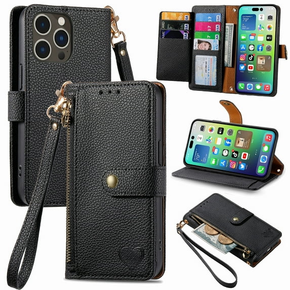 Wallet Case Compatible with iPhone 13 Pro, Heart Pattern Detachable Wrist Strap PU Leather Card Slots Zipper Pocket RFID Blocking Kickstand Phone Case for iPhone 13 Pro, Black