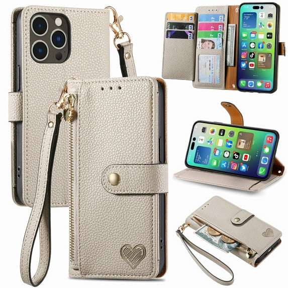 Wallet Case Compatible with iPhone 13 Pro, Heart Pattern Detachable Wrist Strap PU Leather Card Slots Zipper Pocket RFID Blocking Kickstand Phone Case for iPhone 13 Pro, Gray