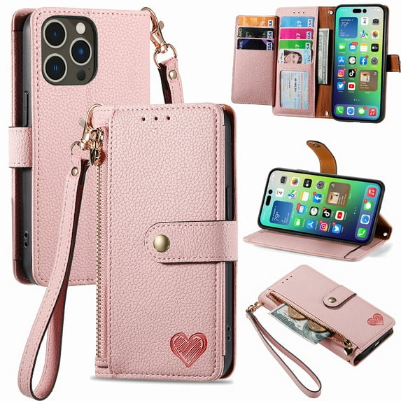 Wallet Case Compatible with iPhone 13 Pro, Heart Pattern Detachable Wrist Strap PU Leather Card Slots Zipper Pocket RFID Blocking Kickstand Phone Case for iPhone 13 Pro, Pink