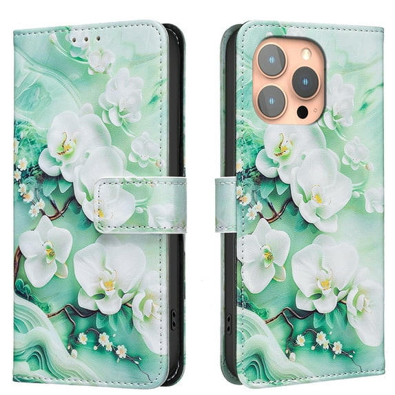 Wallet Case Compatible with iPhone 13 Pro Max with Card Holder, Convertible Stand Flowers Case Magnetic for Women and Girls, Butterfly Floral Protective PU Leather Flip Case, Green