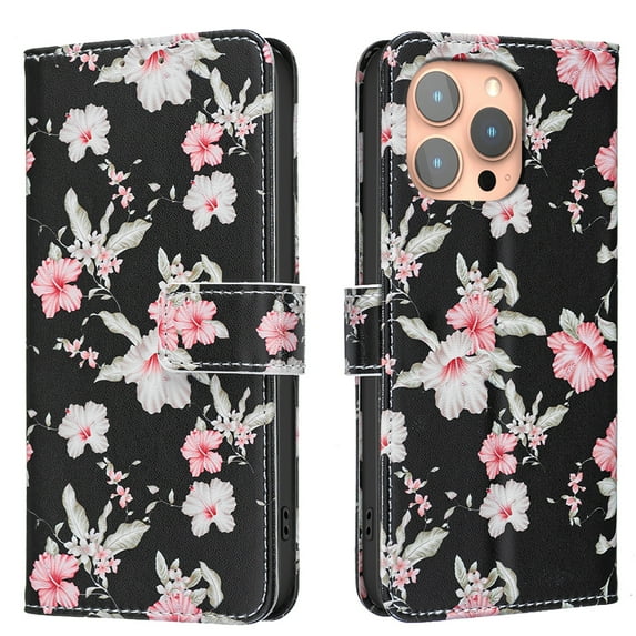 Wallet Case Compatible with iPhone 13 Pro Max with Card Holder, Convertible Stand Flowers Case Magnetic for Women and Girls, Butterfly Floral Protective PU Leather Flip Case, Black1