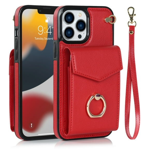 Wallet Case Compatible with iPhone 13 Pro Max, Case with Card Holder,with a strap, RFID Blocking Leather Cover 360°Rotation Ring Kickstand Protective Bumper Designed for Apple iPhone 13 Pro Max,Red