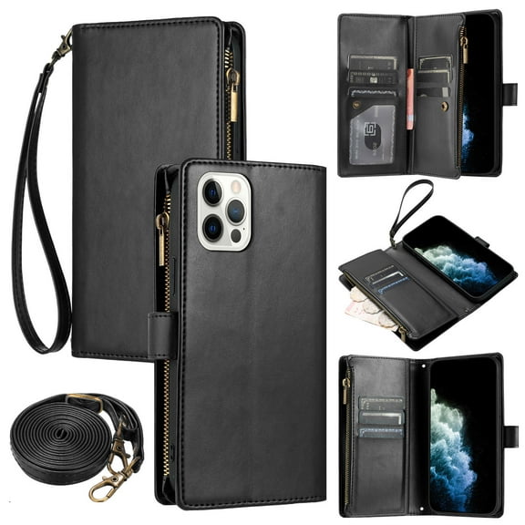 Wallet Case Compatible with iPhone 13 Pro Max, Luxury ID Cash Credit Card Slots Zipper Holder Carrying Pouch Folio Flip PU Leather Cover [Detachable Crossbody Strap & Wrist Strap], Black