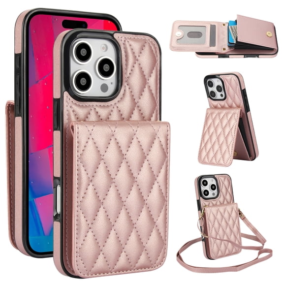 Wallet Case Compatible for iPhone 13 Pro Max, Women PU Leather Detachable Crossbody Phone Case with RFID Blocking Card Holder Adjustable Shoulder Strap Shockproof Kickstand Phone Wallet, Rosegold