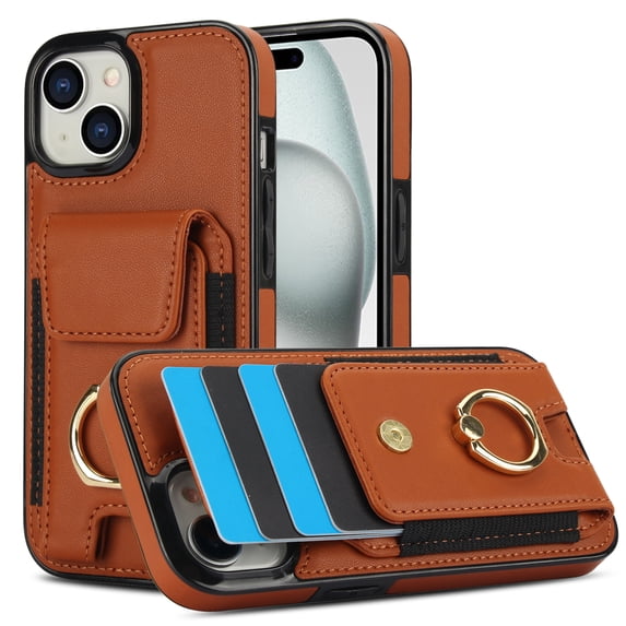 Wallet Case Compatible for iPhone 14, with 360° Rotation Ring Stand PU Leather Case Cover with Side Stretchy Fabric Card Holder for Women and Men for iPhone 14, Brown