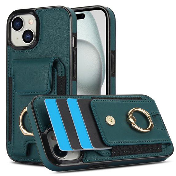Wallet Case Compatible for iPhone 14, with 360° Rotation Ring Stand PU Leather Case Cover with Side Stretchy Fabric Card Holder for Women and Men for iPhone 14, Green