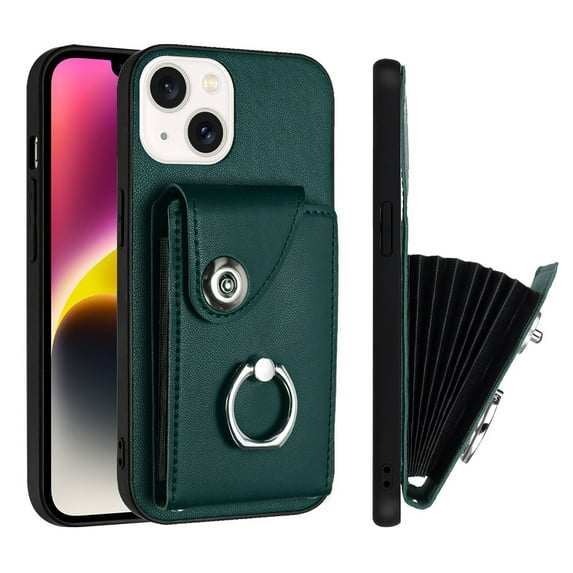 Wallet Case Compatible for iPhone 14 with Card Holder, Rotation Finger Ring Kickstand Card Slots Case, Classic PU Leather Shockproof Magnetic Button Cover for iPhone 14, Green