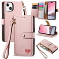 thumbnail image 1 of Wallet Case Compatible with iPhone 14, Heart Pattern Detachable Wrist Strap PU Leather Card Slots Zipper Pocket RFID Blocking Kickstand Phone Case for iPhone 14, Pink, 1 of 9