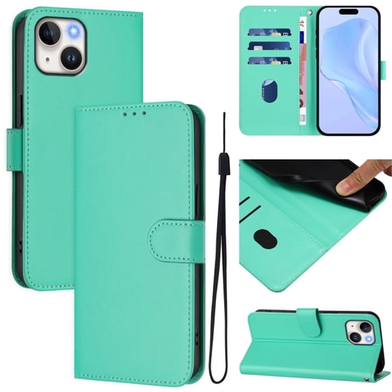 Wallet Case Compatible for iPhone 14, PU Leather Magnetic Closure Protective Flip Folio Case with 3 Card Holder and Wrist Strap Cover Women Men,Green,For iPhone 14