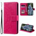 thumbnail image 1 of Wallet Case Compatible with iPhone 14 PU Leather, Mandala Flower Floral Embossed Stand Feature with Wrist Strap and 3-Slots ID & Credit Cards Pocket Magnetic Clasps - Red, 1 of 4
