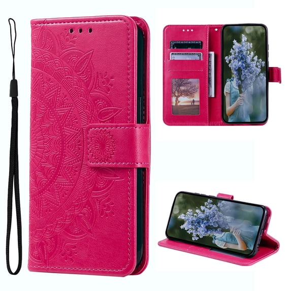 Wallet Case Compatible with iPhone 14 PU Leather, Mandala Flower Floral Embossed Stand Feature with Wrist Strap and 3-Slots ID & Credit Cards Pocket Magnetic Clasps - Red
