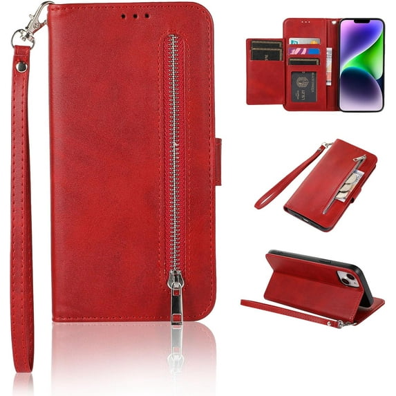 Wallet Case Compatible with iPhone 14 Plus, 5 Card Slots Magnetic Closure Zipper Pocket Cash Handbag PU Leather Flip Protective Phone Case with Wrist Strap TPU Kickstand Cover - Red