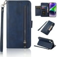 thumbnail image 1 of Wallet Case Compatible with iPhone 14 Plus, 5 Card Slots Magnetic Closure Zipper Pocket Cash Handbag PU Leather Flip Protective Phone Case with Wrist Strap TPU Kickstand Cover - Blue, 1 of 9