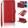 thumbnail image 1 of Wallet Case Compatible with iPhone 14 Plus, 5 Card Slots Magnetic Closure Zipper Pocket Cash Handbag PU Leather Flip Protective Phone Case with Wrist Strap TPU Kickstand Cover - Red, 1 of 18