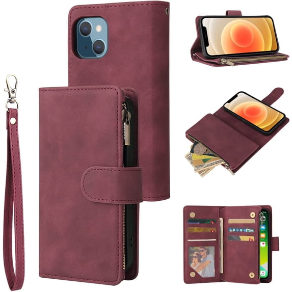 Wallet Case Compatible with iPhone 14 Plus (6.7 inch), Premium PU Leather Zipper Flip Wallet with RFID Blocking Card Holder Wrist Strap Magnetic Clasp Kickstand Protective Case (Wine Red)