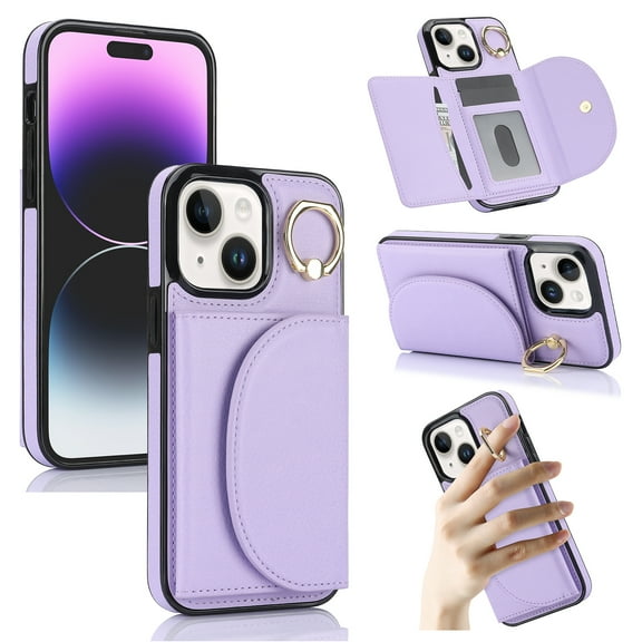 Wallet Case Compatible with iPhone 14 Plus with Card Holder,RFID Blocking,360°Rotation Finger Ring Stand Leather Cover,Drop Protection with Magnetic Snap Phone Case iPhone 14 Plus, Purple