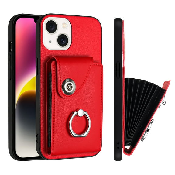 Wallet Case Compatible for iPhone 14 Plus with Card Holder, Rotation Finger Ring Kickstand Card Slots Case, Classic PU Leather Shockproof Magnetic Button Cover for iPhone 14 Plus, Red