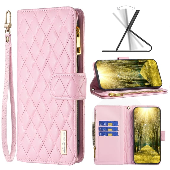 Wallet Case Compatible with iPhone 14, Premium PU Leather Zipper Flip Folio Wallet with Wrist Strap Kickstand Card Slots Shockproof Protective Case Cover for iPhone 14 - Pink