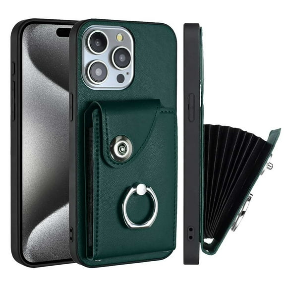 Wallet Case Compatible for iPhone 14 Pro with Card Holder, Rotation Finger Ring Kickstand Card Slots Case, Classic PU Leather Shockproof Magnetic Button Cover for iPhone 14 Pro, Green