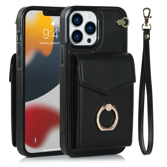 Wallet Case Compatible with iPhone 14 Pro, Case with Card Holder,with a strap, RFID Blocking Leather Cover 360°Rotation Ring Kickstand Protective Bumper Designed for Apple iPhone 14 Pro,Black