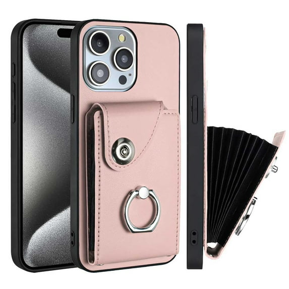 Wallet Case Compatible for iPhone 14 Pro Max with Card Holder, Rotation Finger Ring Kickstand Card Slots Case, Classic PU Leather Shockproof Magnetic Button Cover for iPhone 14 Pro Max, Pink