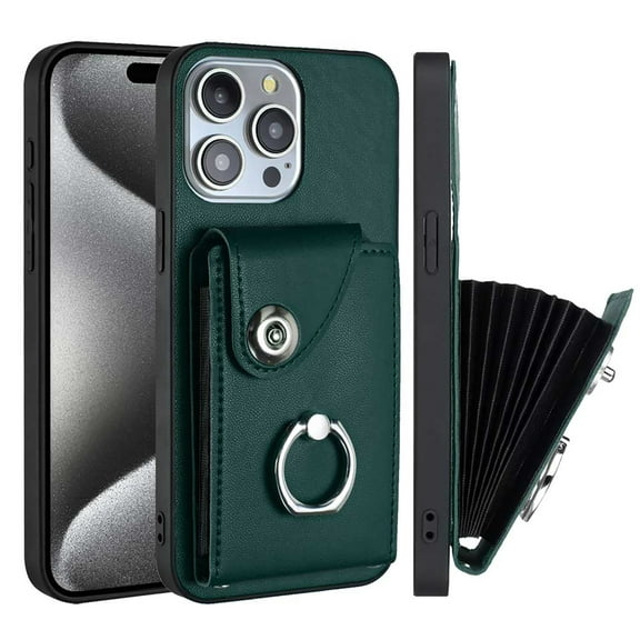 Wallet Case Compatible for iPhone 14 Pro Max with Card Holder, Rotation Finger Ring Kickstand Card Slots Case, Classic PU Leather Shockproof Magnetic Button Cover for iPhone 14 Pro Max, Green