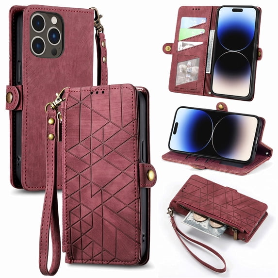 Wallet Case Compatible with iPhone 14 Pro Max, Detachable Wrist Strap PU Leather Card Slots Zipper Pocket Classic Kickstand Embossed Flip Case Cover for iPhone 14 Pro Max, Red