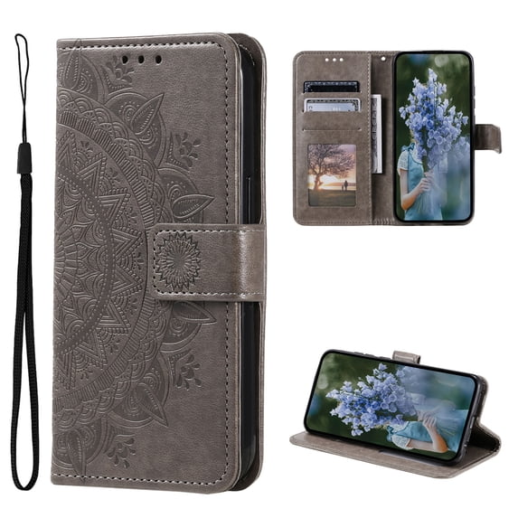 Wallet Case Compatible with iPhone 14 Pro Max PU Leather, Mandala Flower Floral Embossed Stand Feature with Wrist Strap and 3-Slots ID & Credit Cards Pocket Magnetic Clasps - Gray