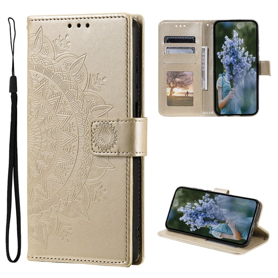 Wallet Case Compatible with iPhone 14 Pro Max PU Leather, Mandala Flower Floral Embossed Stand Feature with Wrist Strap and 3-Slots ID & Credit Cards Pocket Magnetic Clasps - Gold