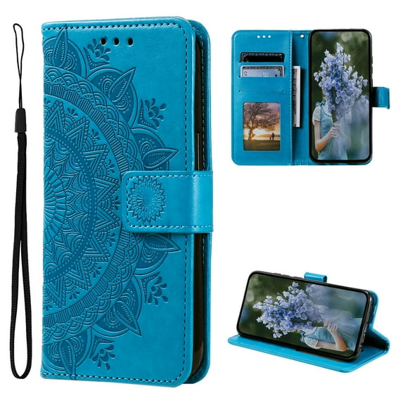 Wallet Case Compatible with iPhone 14 Pro PU Leather, Mandala Flower Floral Embossed Stand Feature with Wrist Strap and 3-Slots ID & Credit Cards Pocket Magnetic Clasps - Blue