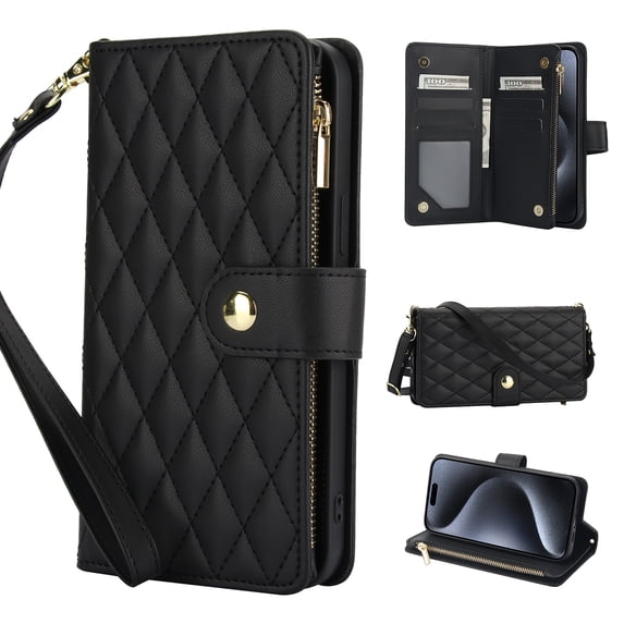 Wallet Case Compatible with iPhone 14 Pro, Premium PU Leather Zipper Flip Folio Wallet RFID Blocking with Wrist Strap & Crossbody Strap Magnetic Closure Kickstand Protective Case, Black