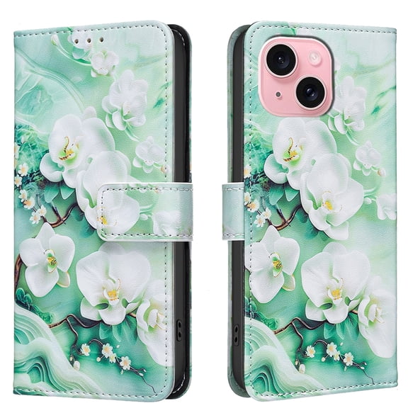 Wallet Case Compatible with iPhone 15 with Card Holder, Convertible Stand Flowers Case Magnetic for Women and Girls, Butterfly Floral Protective PU Leather Flip Case, Green