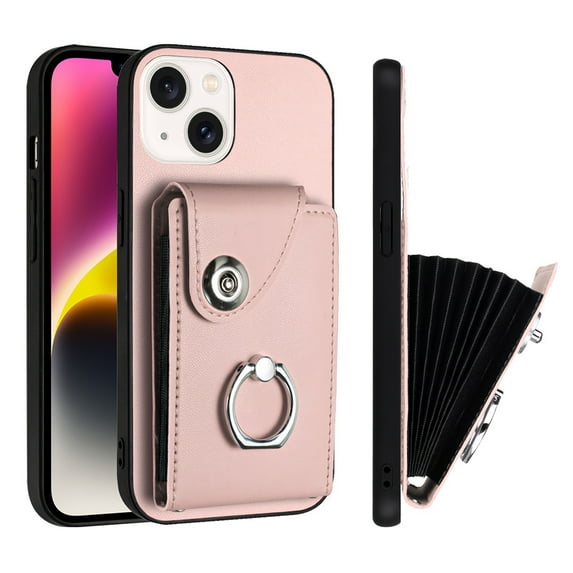 Wallet Case Compatible for iPhone 15 with Card Holder, Rotation Finger Ring Kickstand Card Slots Case, Classic PU Leather Shockproof Magnetic Button Cover for iPhone 15, Pink