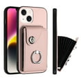thumbnail image 1 of Wallet Case Compatible for iPhone 15 with Card Holder, Rotation Finger Ring Kickstand Card Slots Case, Classic PU Leather Shockproof Magnetic Button Cover for iPhone 15, Pink, 1 of 6