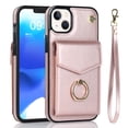 thumbnail image 1 of Wallet Case Compatible with iPhone 15, Case with Card Holder,with a strap, RFID Blocking Leather Cover 360°Rotation Ring Kickstand Protective Bumper Designed for Apple iPhone 15,Rosegold, 1 of 10