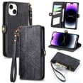 thumbnail image 1 of Wallet Case Compatible with iPhone 15, Detachable Wrist Strap PU Leather Card Slots Zipper Pocket Classic Kickstand Embossed Flip Case Cover for iPhone 15, Black, 1 of 14