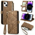 thumbnail image 1 of Wallet Case Compatible with iPhone 15, Detachable Wrist Strap PU Leather Card Slots Zipper Pocket Classic Kickstand Embossed Flip Case Cover for iPhone 15, Brown, 1 of 14