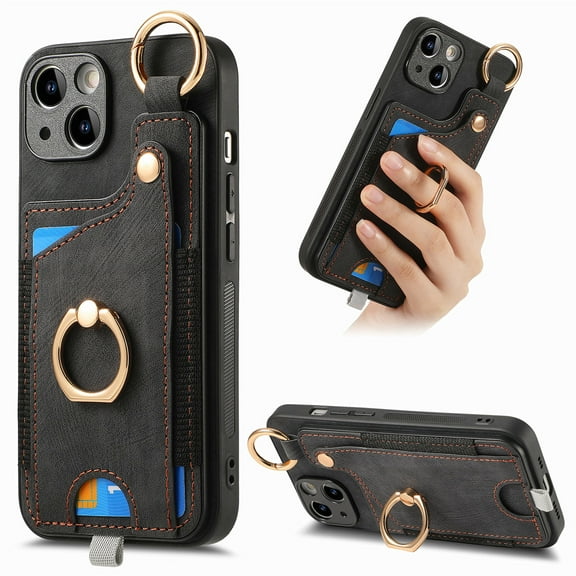 Wallet Case Compatible with iPhone 15 Plus with Card Holder, 360° Rotation Finger Ring Stand PU Leather Cover Drop Protection with Magnetic Snap Case Cover for iPhone 15 Plus - Black