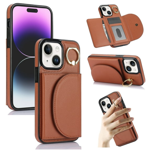 Wallet Case Compatible with iPhone 15 Plus Case with Card Holder - Credit Card Slot,RFID Blocking,360°Rotating Ring Kickstand and PU Leather Wallet Cover for Women iPhone 15 Plus, Brown
