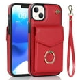 thumbnail image 1 of Wallet Case Compatible with iPhone 15 Plus, Case with Card Holder,with a strap, RFID Blocking Leather Cover 360°Rotation Ring Kickstand Protective Bumper Designed for Apple iPhone 15 Plus,Red, 1 of 10