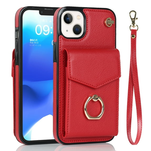 Wallet Case Compatible with iPhone 15 Plus, Case with Card Holder,with a strap, RFID Blocking Leather Cover 360°Rotation Ring Kickstand Protective Bumper Designed for Apple iPhone 15 Plus,Red