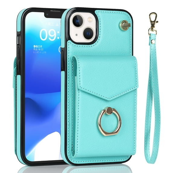 Wallet Case Compatible with iPhone 15 Plus, Case with Card Holder,with a strap, RFID Blocking Leather Cover 360°Rotation Ring Kickstand Protective Bumper Designed for Apple iPhone 15 Plus,Mint