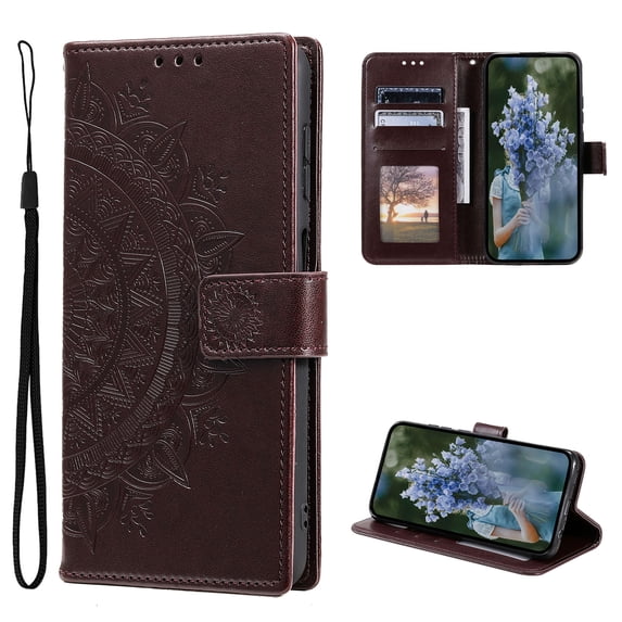 Wallet Case Compatible with iPhone 15 Plus PU Leather, Mandala Flower Floral Embossed Stand Feature with Wrist Strap and 3-Slots ID & Credit Cards Pocket Magnetic Clasps - Brown