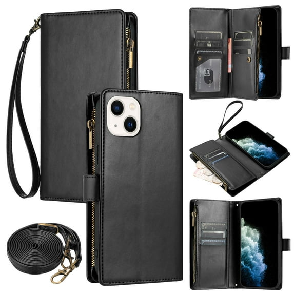 Wallet Case Compatible with iPhone 15 Plus, Premium PU Leather Zipper Flip Wallet with Lanyard and Shoulder Strap Magnetic Closure Built-in Kickstand Protective Zipper Case - Black