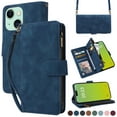 thumbnail image 1 of Wallet Case Compatible with iPhone 15, Premium PU Leather Zipper Flip Folio Wallet Magnetic Snap with Detachable Wrist Strap & Shoulder Strap Built-in Kickstand Protective Case - Blue, 1 of 6