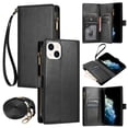 thumbnail image 1 of Wallet Case Compatible with iPhone 15, Premium PU Leather Zipper Flip Wallet with Lanyard and Shoulder Strap Magnetic Closure Built-in Kickstand Protective Zipper Case - Black, 1 of 7