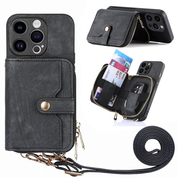 Wallet Case Compatible with iPhone 15 Pro, Classic PU Leather Zipper Pocket Car Key / Cash / Coin / Card Slots Shoulder Strap Kickstand Back Case for iPhone 15 Pro, Black