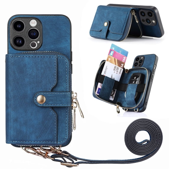 Wallet Case Compatible with iPhone 15 Pro, Classic PU Leather Zipper Pocket Car Key / Cash / Coin / Card Slots Shoulder Strap Kickstand Back Case for iPhone 15 Pro, Blue